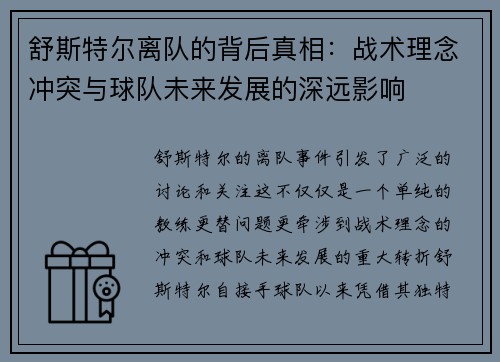 舒斯特尔离队的背后真相:战术理念冲突与球队未来发展的深远影响 舒斯特尔离队的背后真相:战术理念冲突与球队未来发展的深远影响